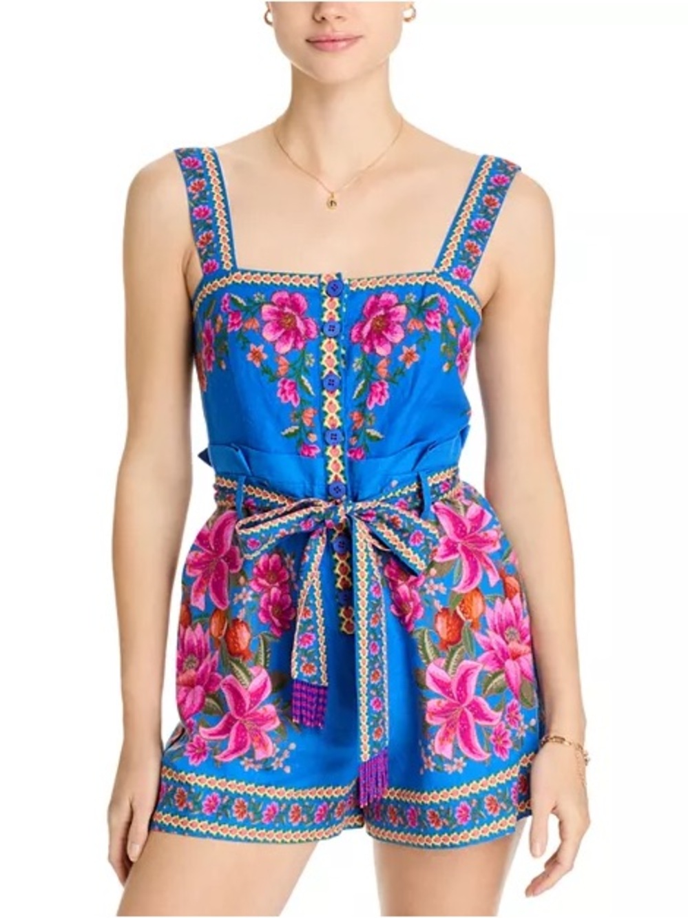 FARM Rio Summer Fruit Scarf Romper Blue Floral Beaded Fringe Small NWOT